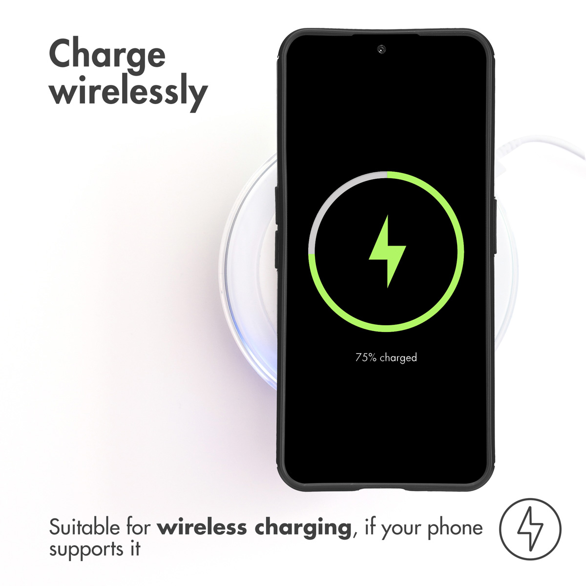 Smartphone auf weißer kabelloser Ladestation mit 75% Ladeanzeige.