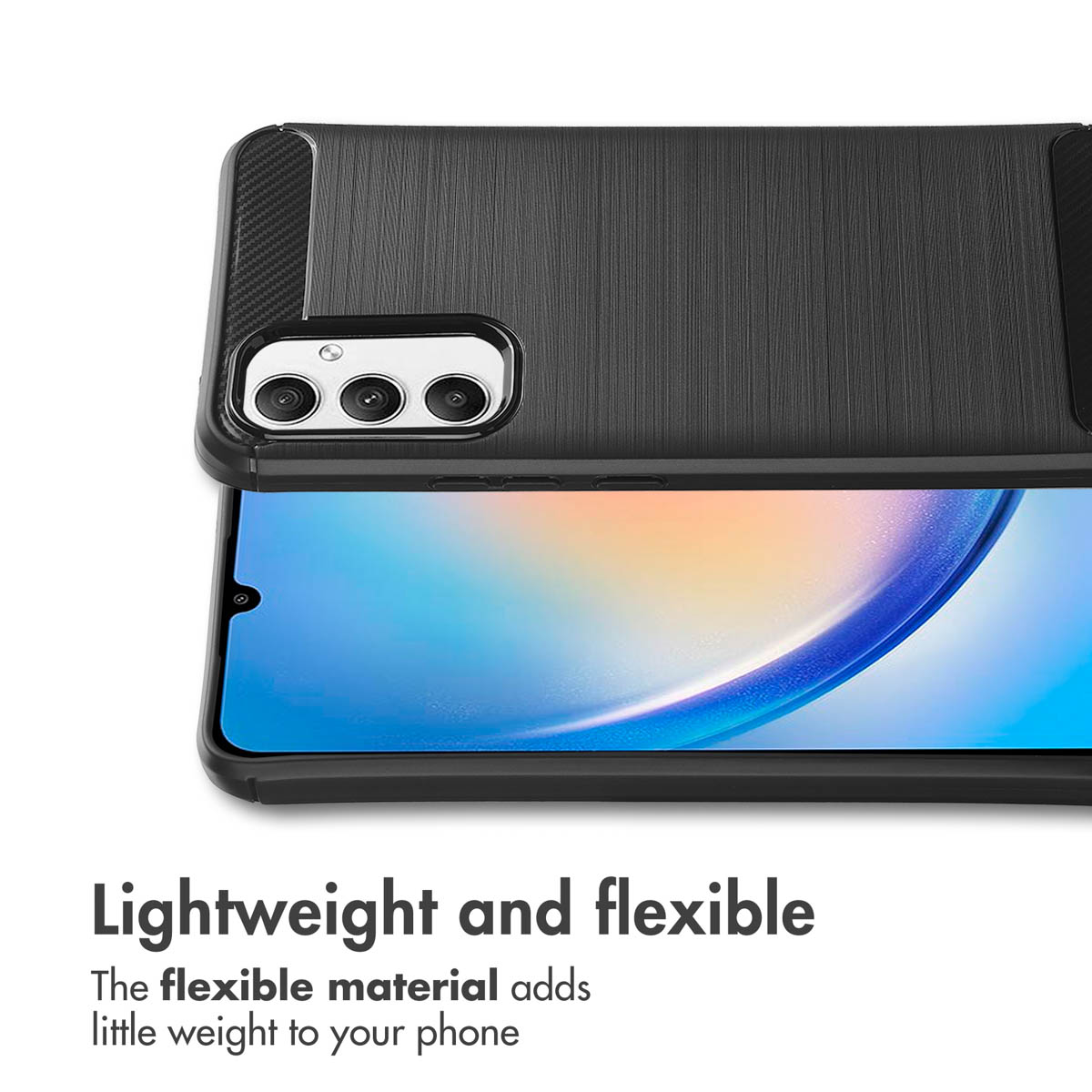Een zwarte smartphonehoes en een ingeschakeld scherm met tekst daaronder.