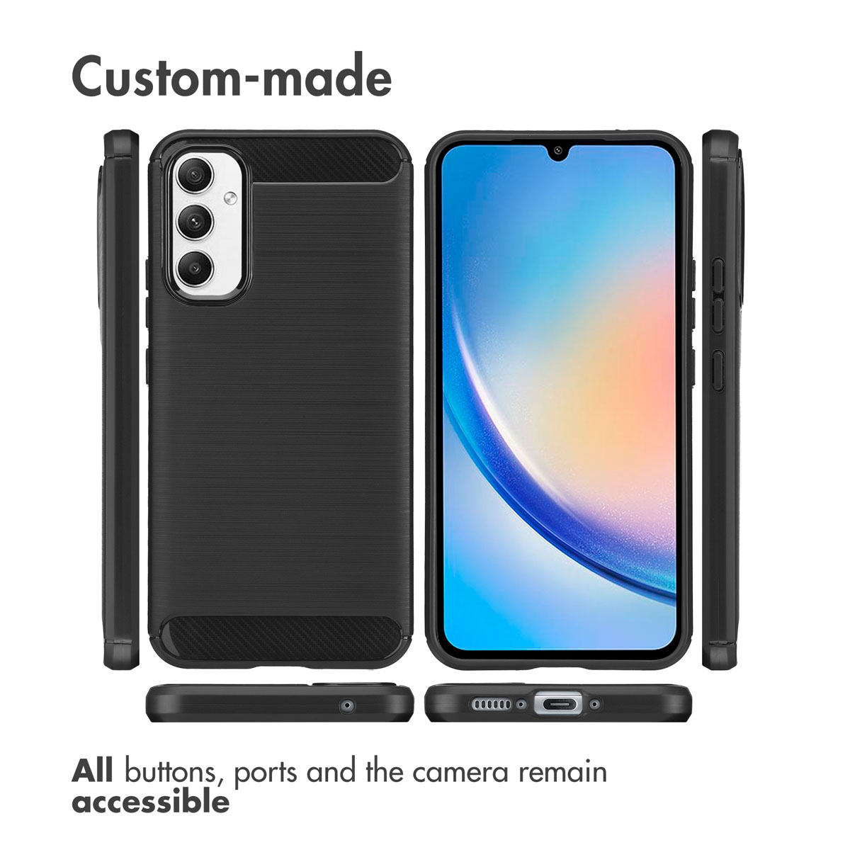 Zwarte beschermhoes voor een smartphone vanuit meerdere hoeken getoond met tekst en toegankelijke poorten.