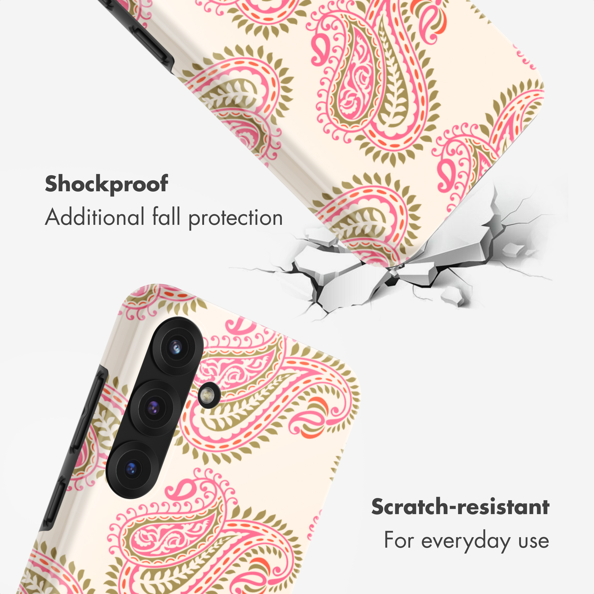 Funda para teléfono con patrón paisley rosa y texto sobre protección y resistencia.