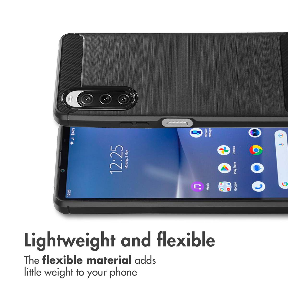 Ein schwarzes Smartphone mit Schutzhülle, das Text und App-Icons auf dem Bildschirm zeigt.