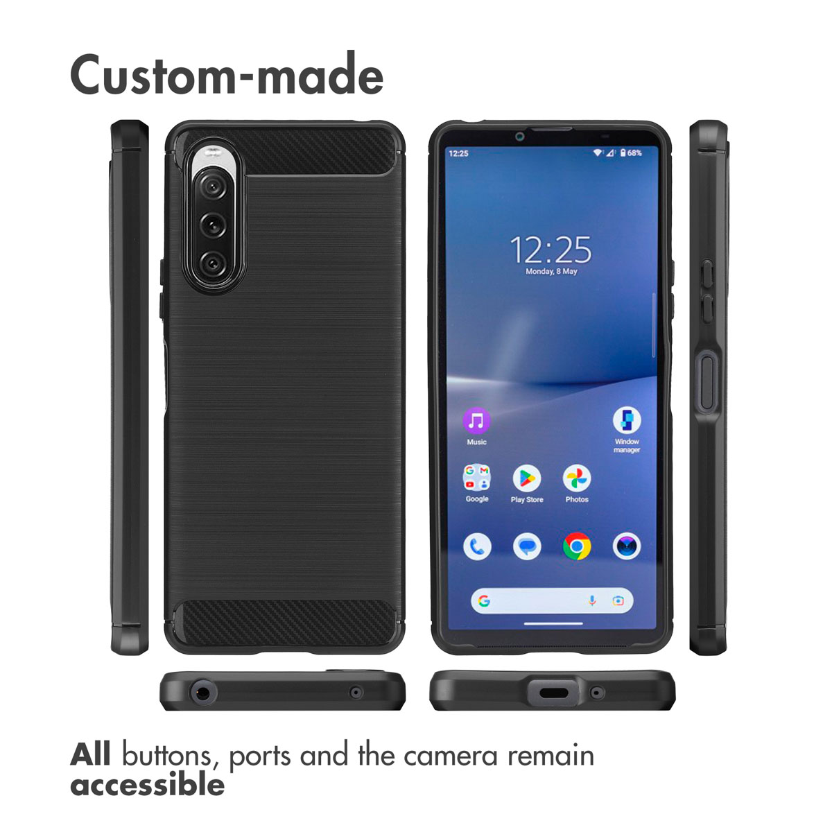 Verschiedene Ansichten einer schwarzen Schutzhülle für ein Smartphone mit zugänglichen Tasten und Anschlüssen.