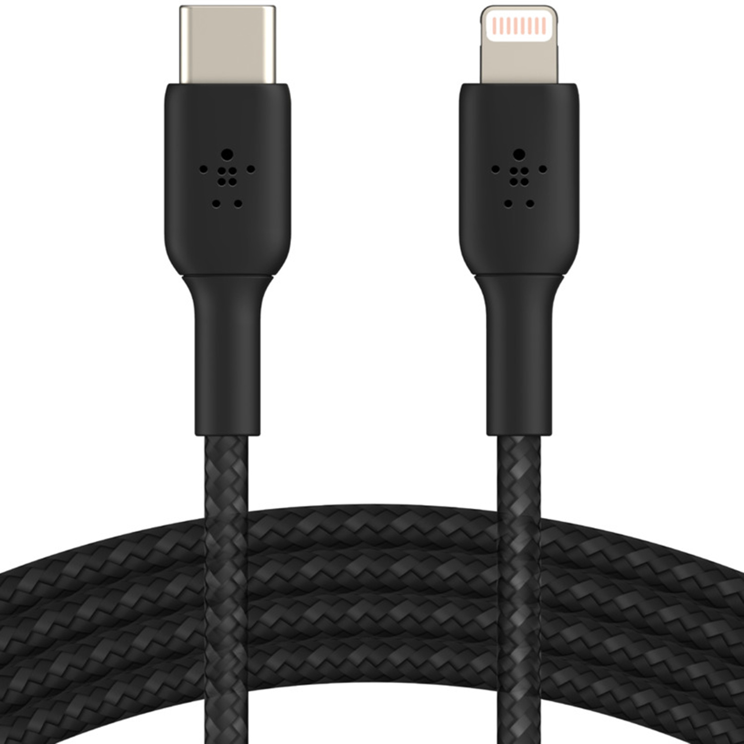 Un cavo intrecciato nero da USB-C a Lightning su sfondo neutro.