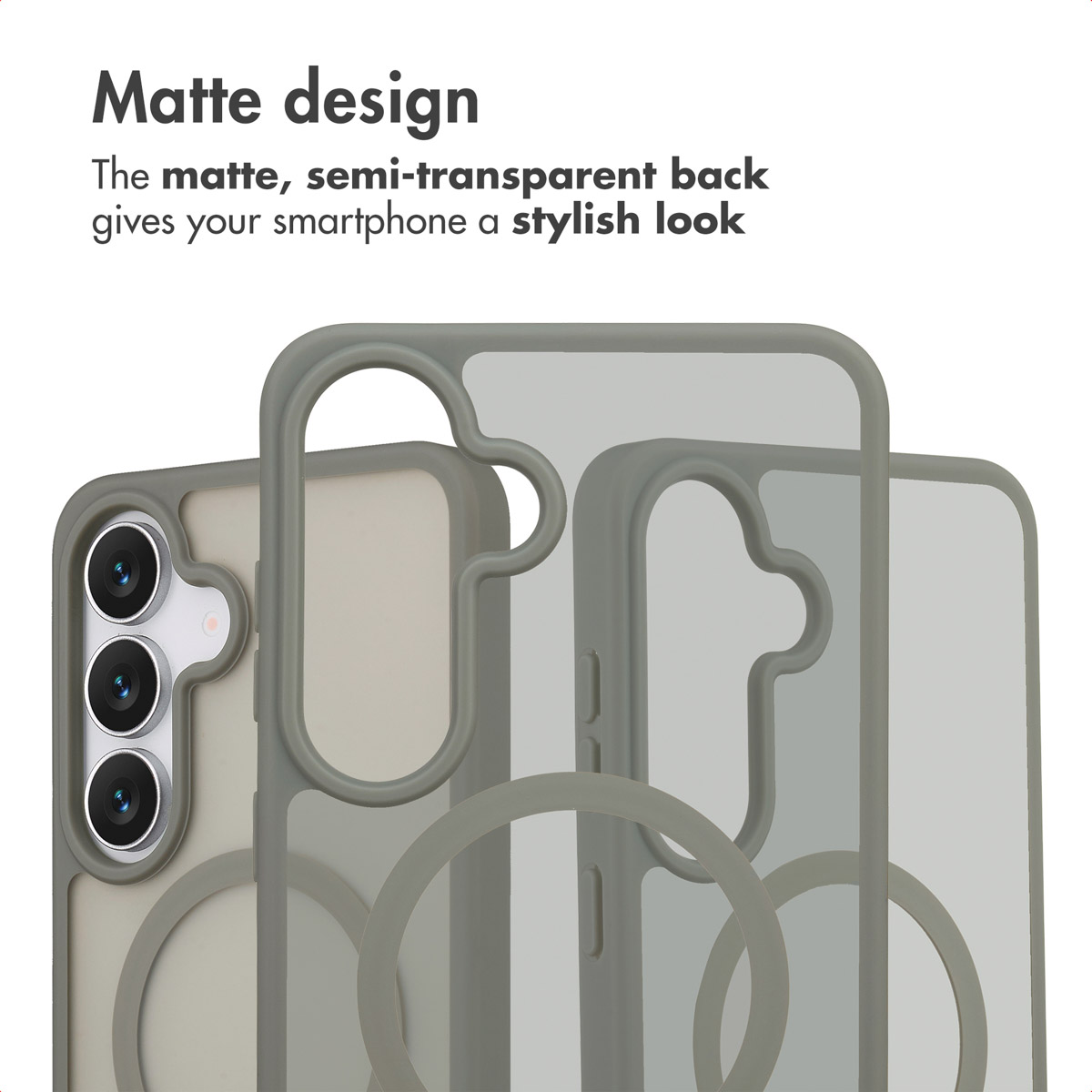 Productadvertentie voor een matte, semi-transparante smartphonehoes met camera-uitsparing en MagSafe-ring.