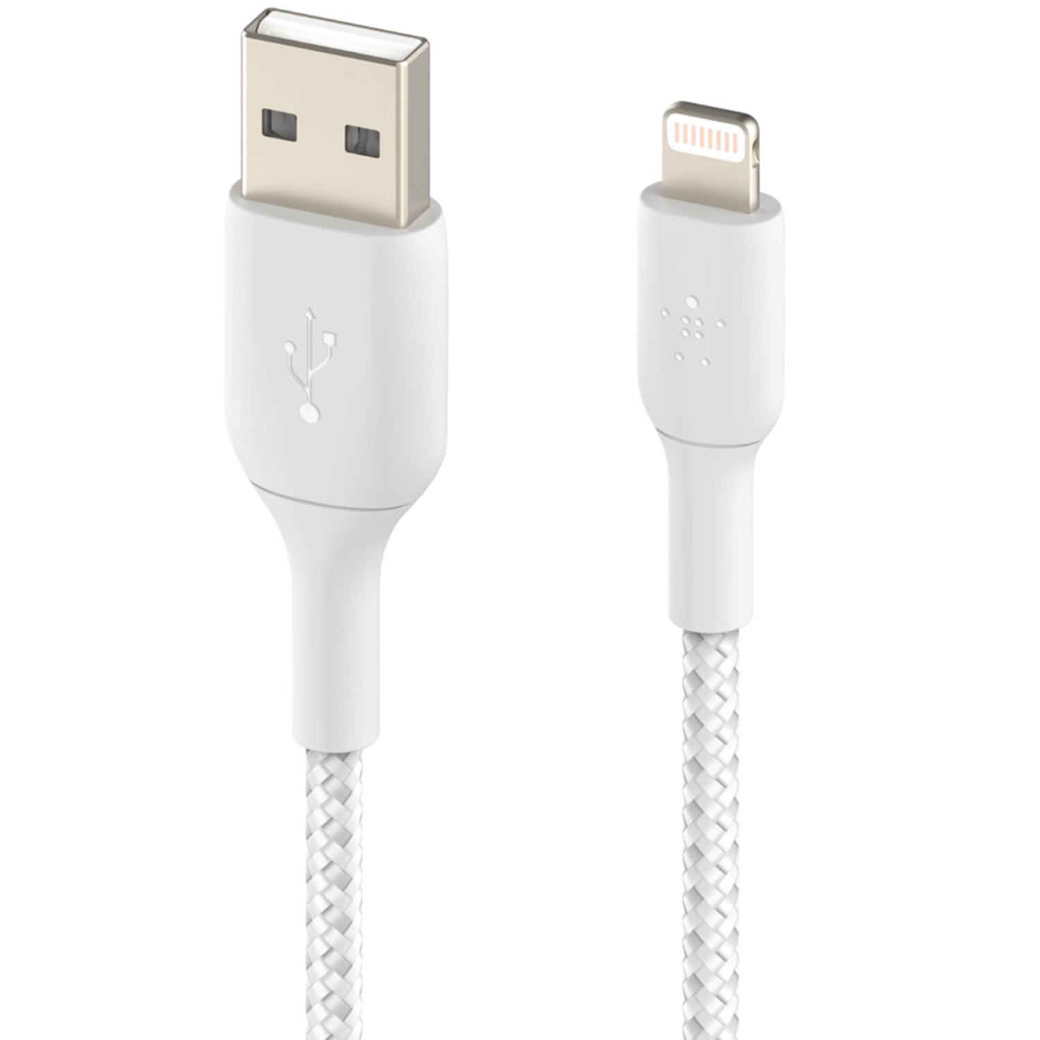 Un cavo bianco da USB-A a Lightning con corda intrecciata su sfondo bianco.
