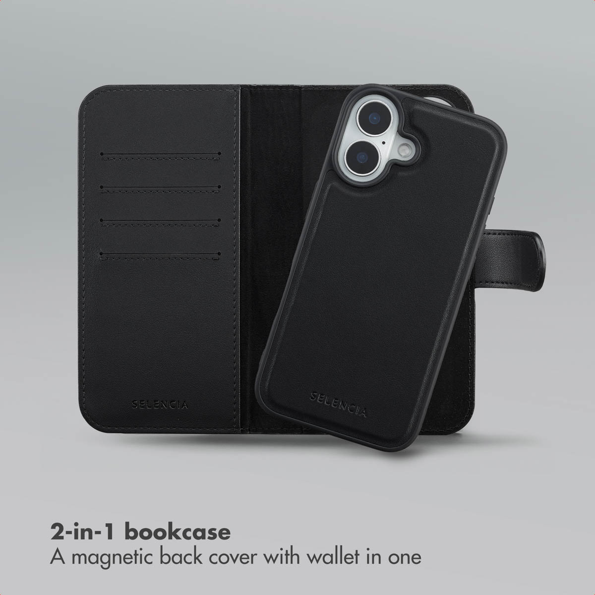 Custodia a libro nera Selencia 2 in 1 con cover posteriore magnetica e portafoglio.