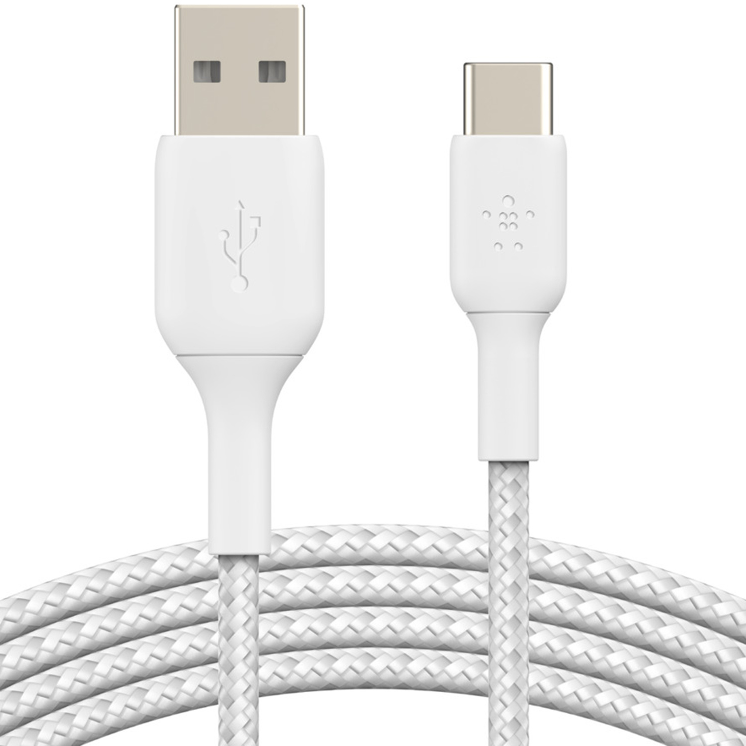 Câble tressé blanc USB-A vers USB-C sur fond blanc.