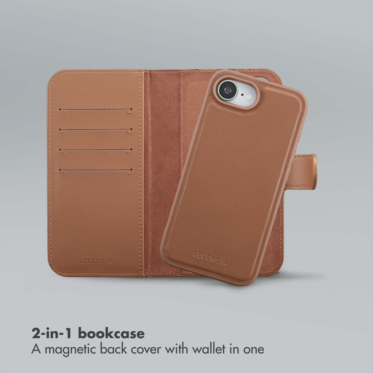 Custodia a libro 2 in 1 in pelle marrone con fessure per carte e cover magnetica.