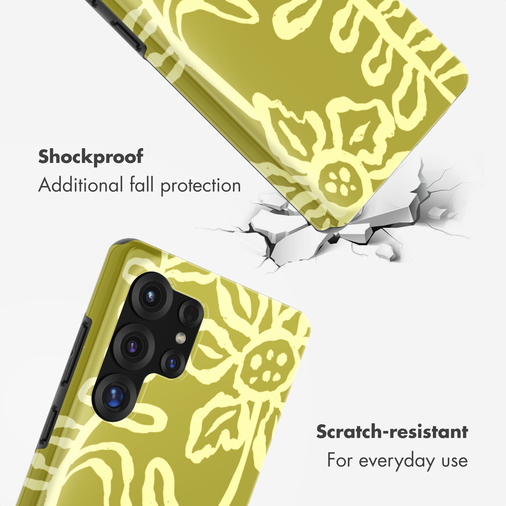 Custodia per smartphone verde antiurto e antigraffio con motivo floreale su sfondo bianco.