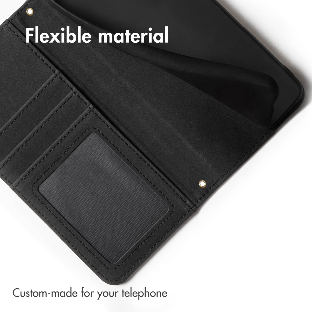 Custodia per telefono in pelle nera con scomparti per carte e materiale flessibile.