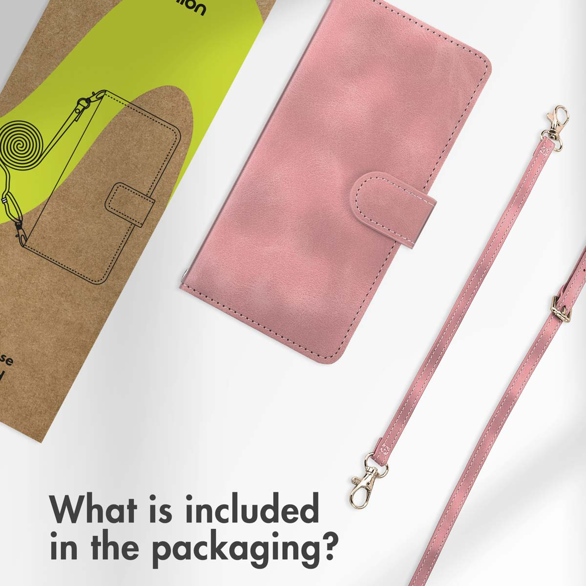 Rosa Handyhülle mit passendem Umhängeband neben Produktverpackung.