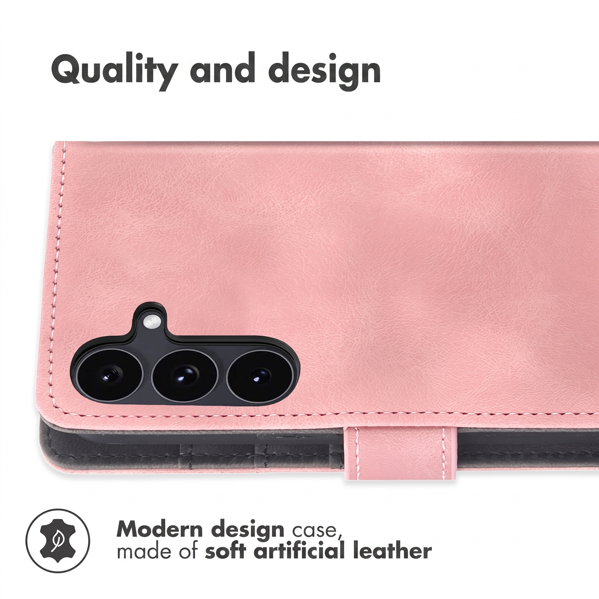 Rosa Kunstleder-Handycover mit Kameraausschnitt und weißer Ziernaht.