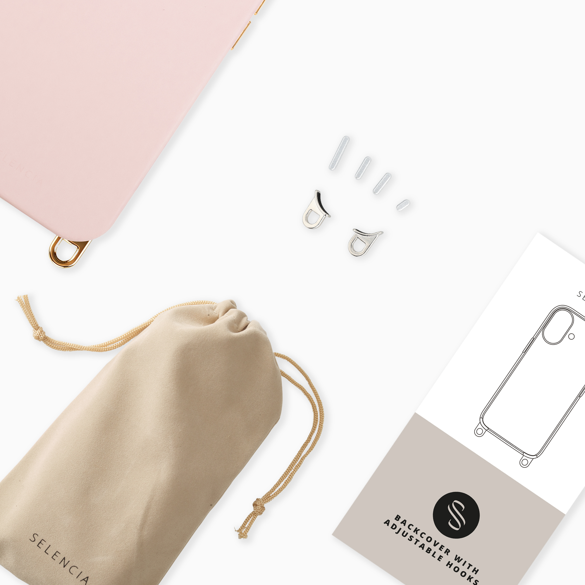 Funda de móvil rosa, accesorios, una bolsa y una tarjeta de instrucciones sobre fondo blanco.
