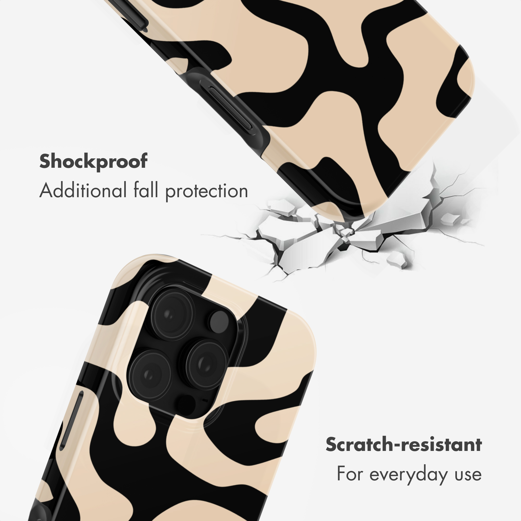 Cover per telefono con stampa mucca nera e beige, etichettata con "Shockproof" e "Scratch-resistant".