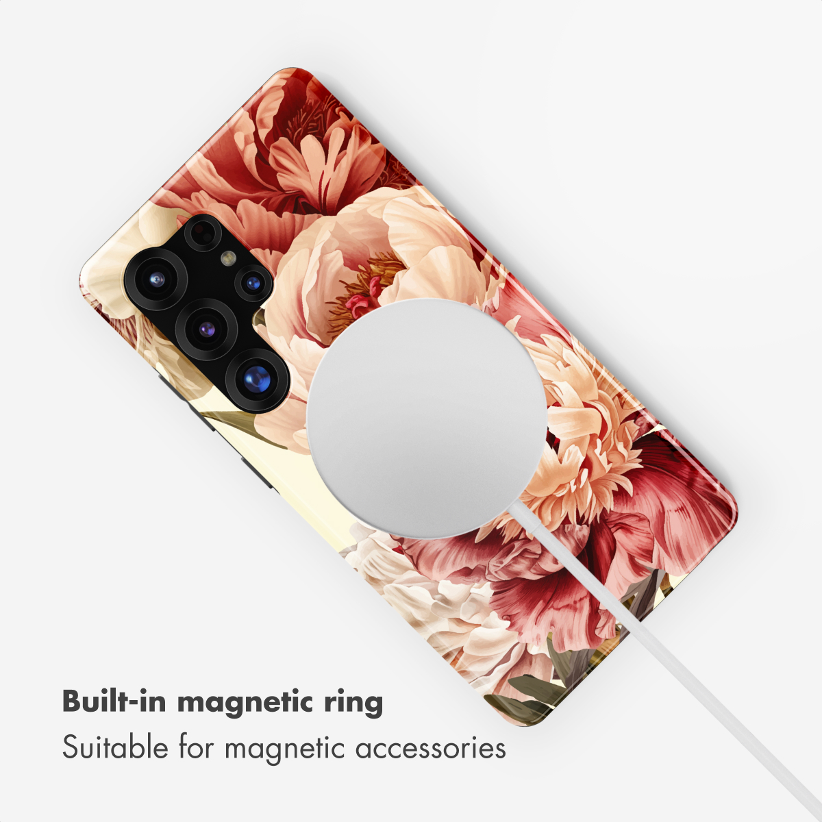 Custodia per smartphone con motivo floreale rosso e crema, dotata di anello magnetico bianco integrato sul retro.
