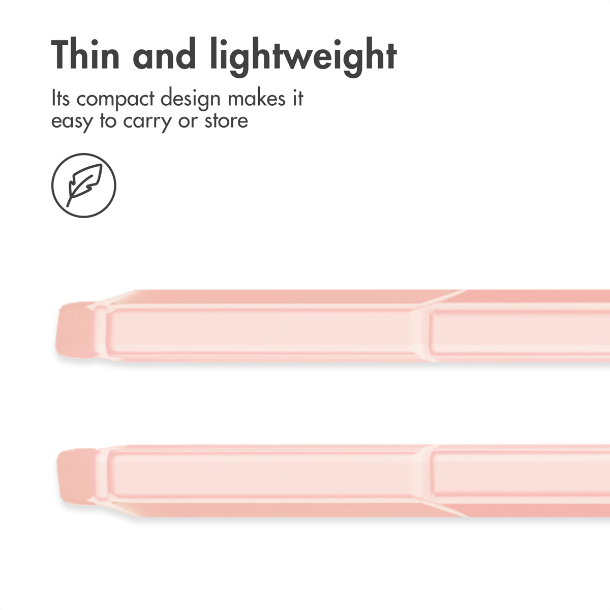 Tekst over dun ontwerp met veer-icoon en twee roze productdelen.