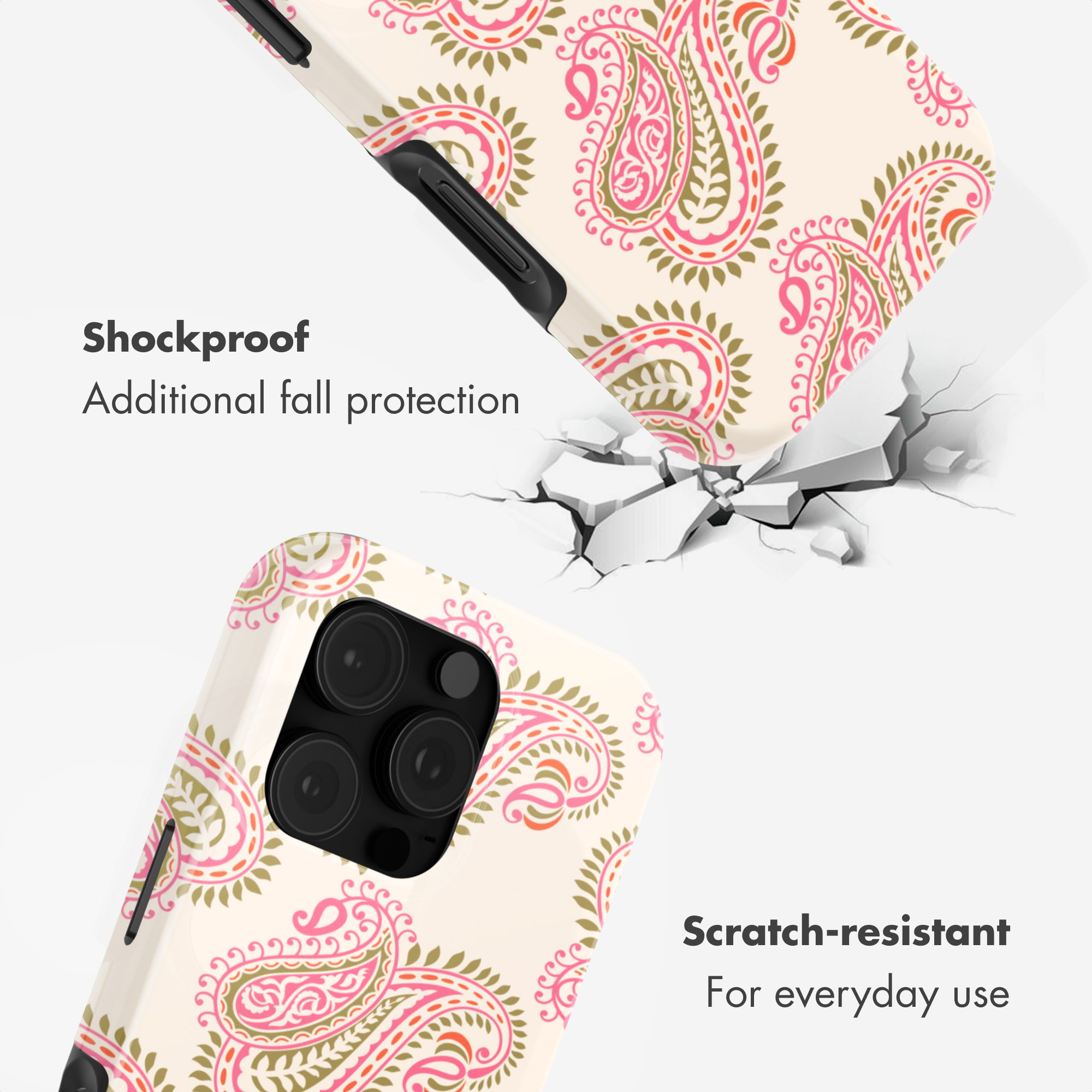 Due viste di una cover con motivo paisley rosa e verde, che evidenziano caratteristiche antiurto e antigraffio.