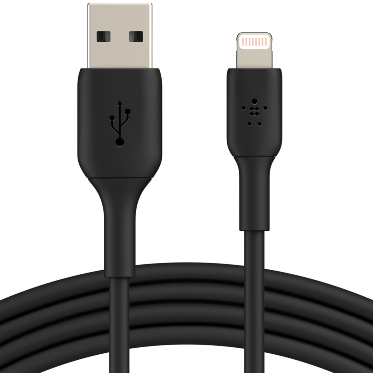 Un câble de charge noir avec connecteurs USB-A et Lightning sur fond blanc.