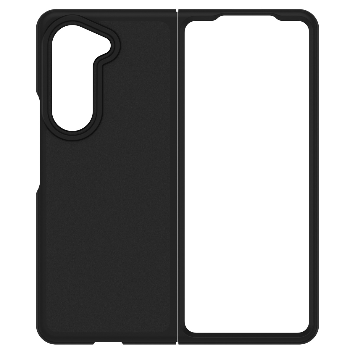 Étui de téléphone pliable noir avec une découpe pour appareil photo.
