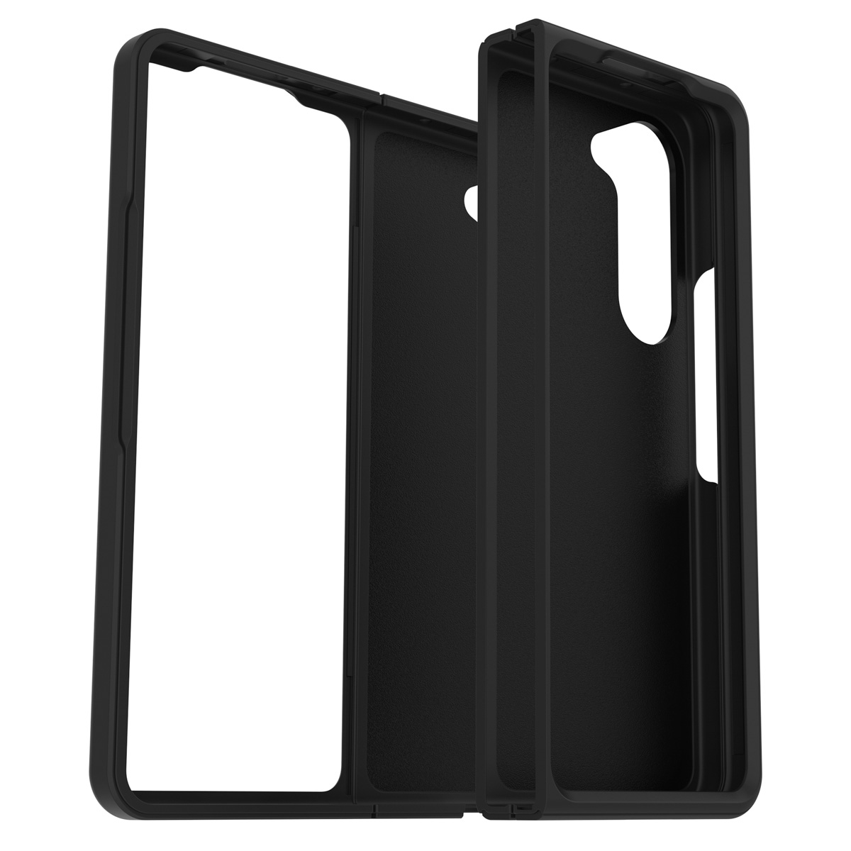 Une coque de protection noire pour appareil pliable, ouverte sur fond blanc.