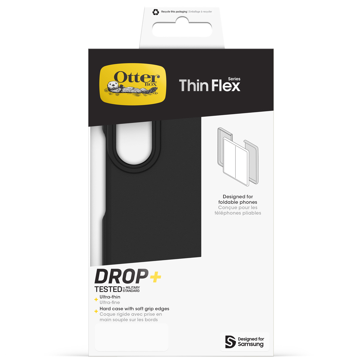 Emballage de la série noire OtterBox Thin Flex, coque de protection antichute pour téléphones pliables Samsung.