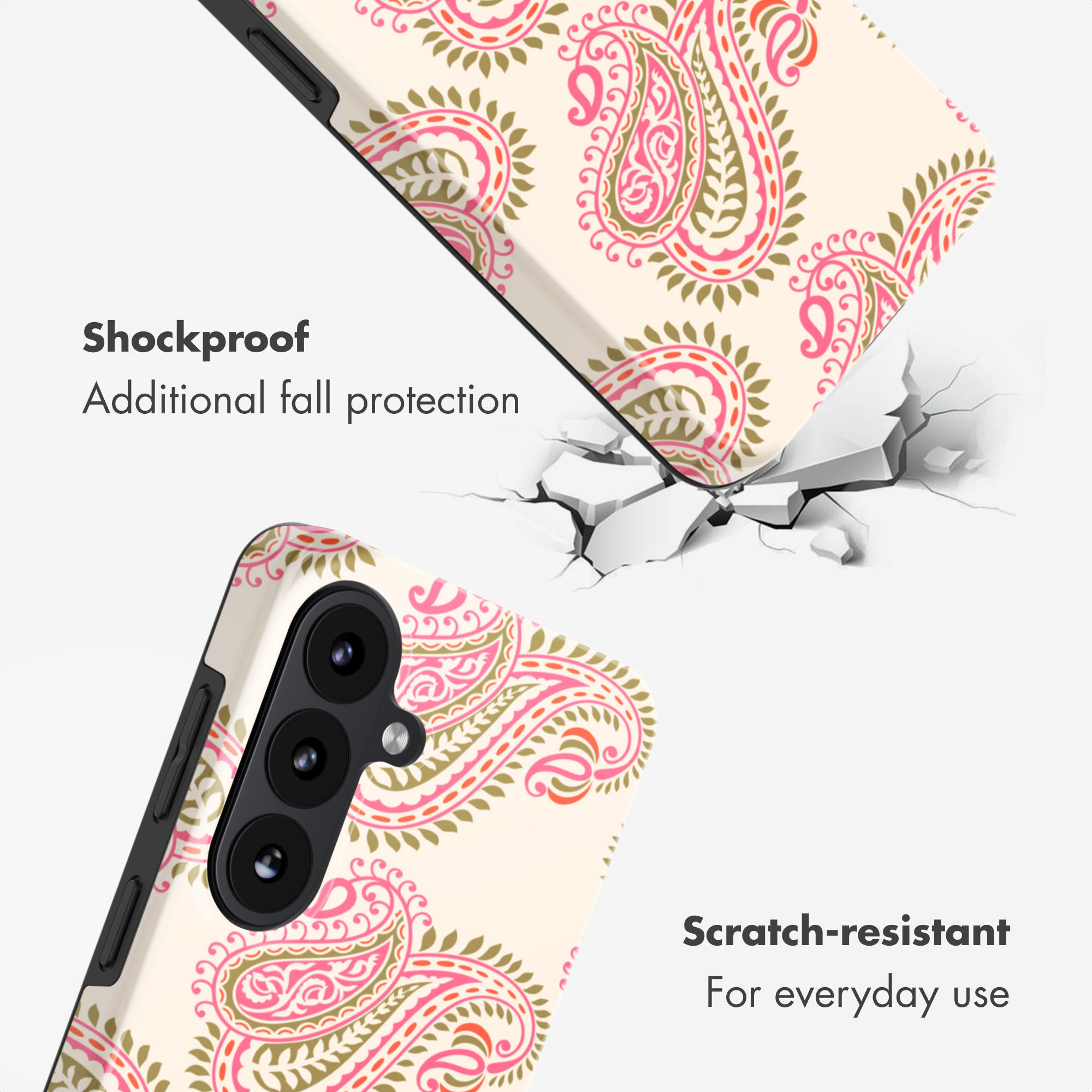 Handyhülle mit rosafarbenem Paisley-Muster, Text zur Stoßfestigkeit und Kratzfestigkeit.