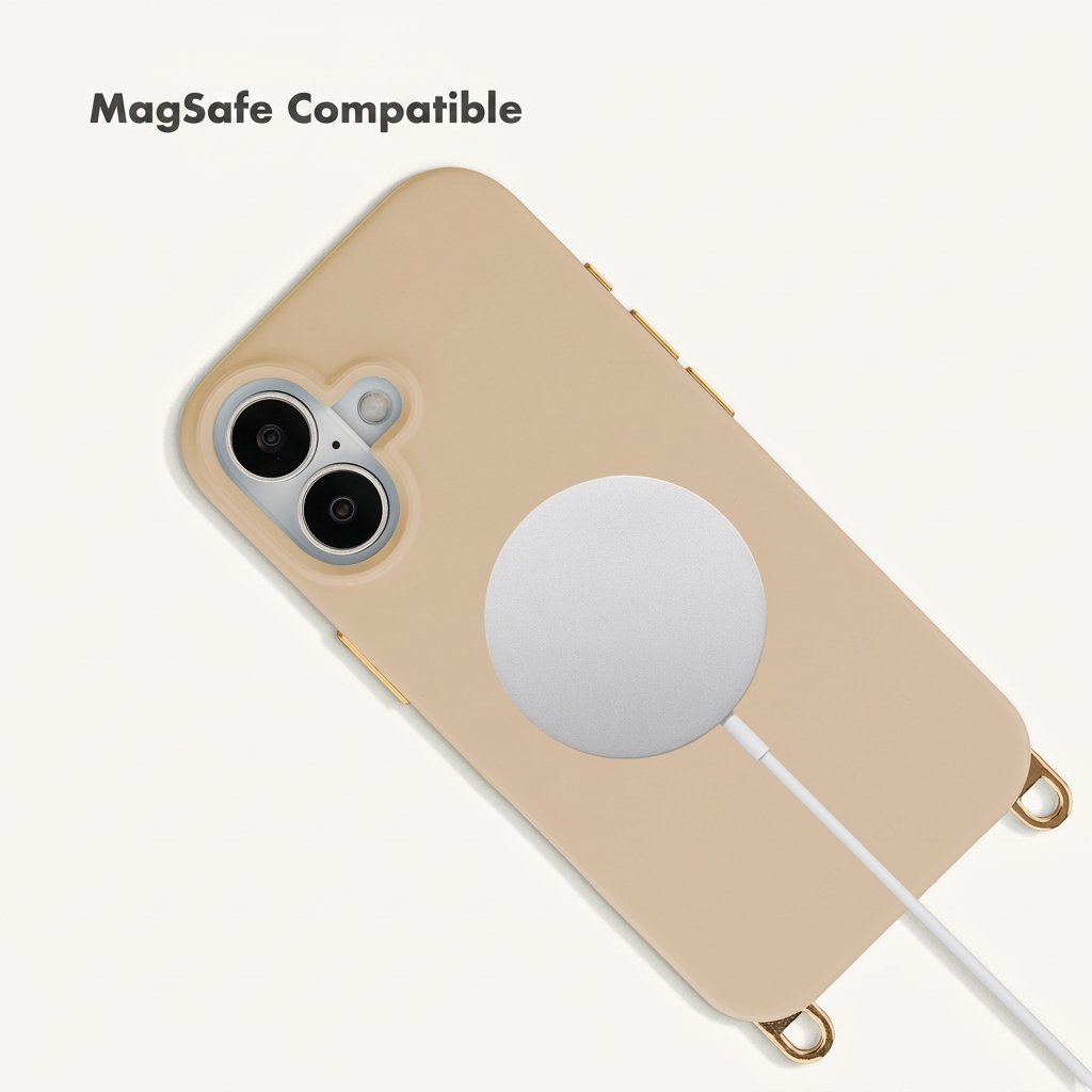 Beige Handyhülle mit MagSafe-Ladegerät und Kameramodul auf weißem Hintergrund.