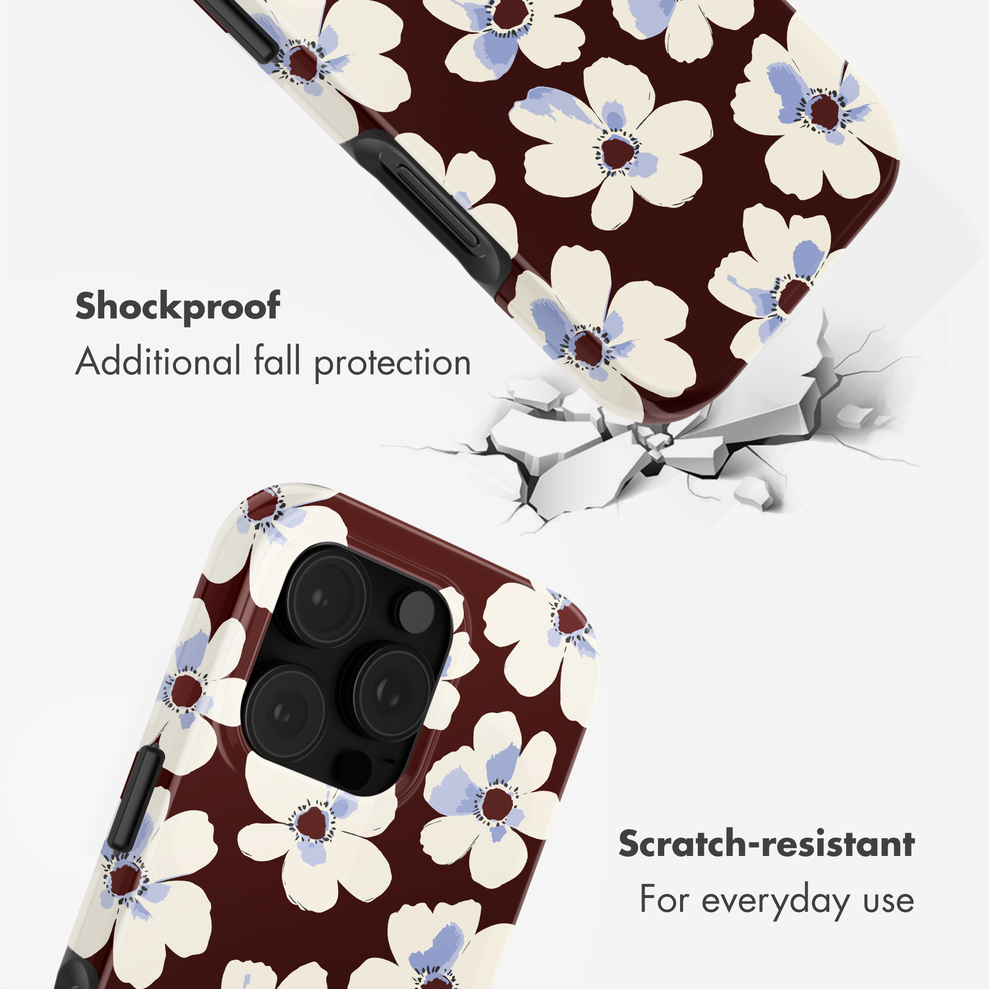 Cover per telefono floreali con funzioni antiurto e antigraffio su sfondo bianco.