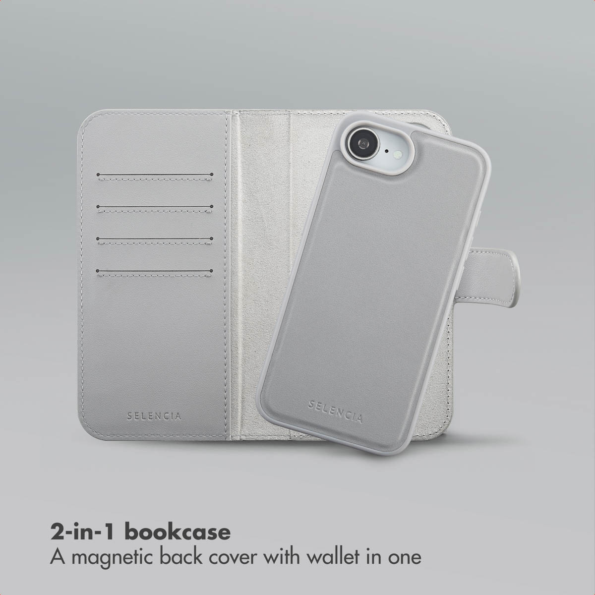 Étui portefeuille 2-en-1 gris clair avec coque magnétique et fentes pour cartes sur fond gris.