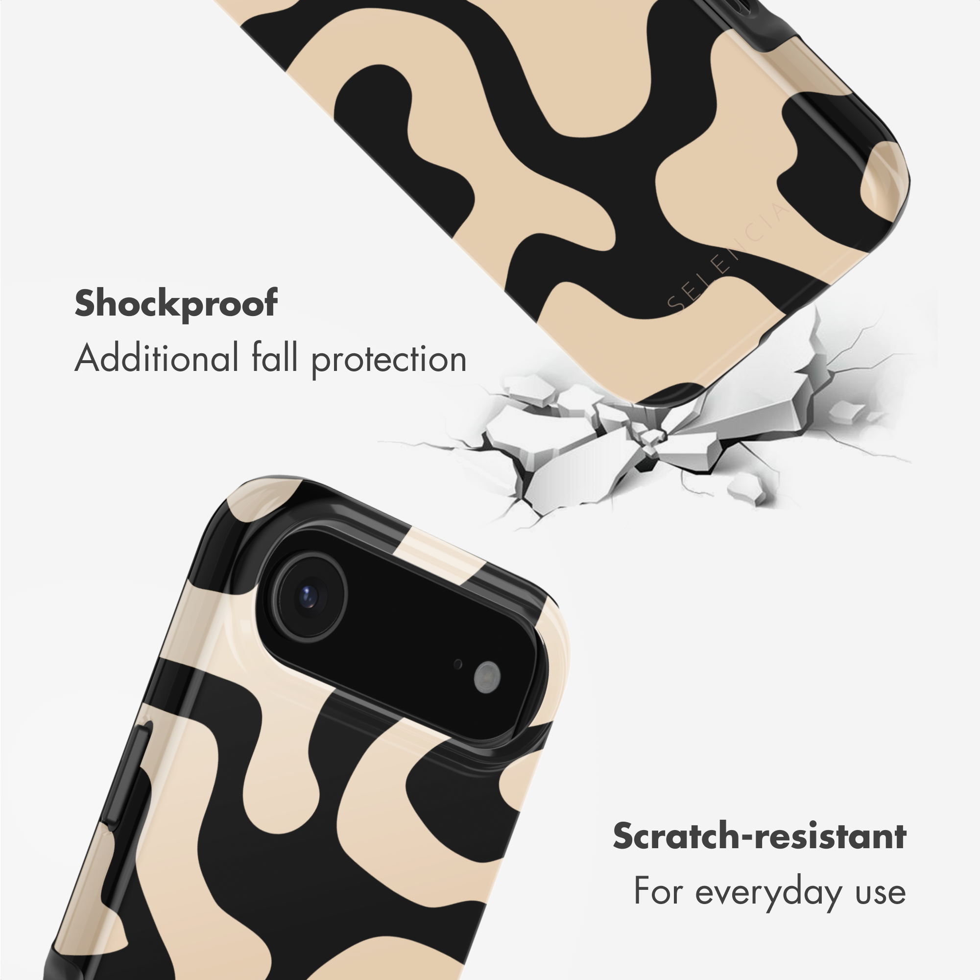 Custodia per telefono con motivo astratto ondulato nero e beige, antiurto e antigraffio.