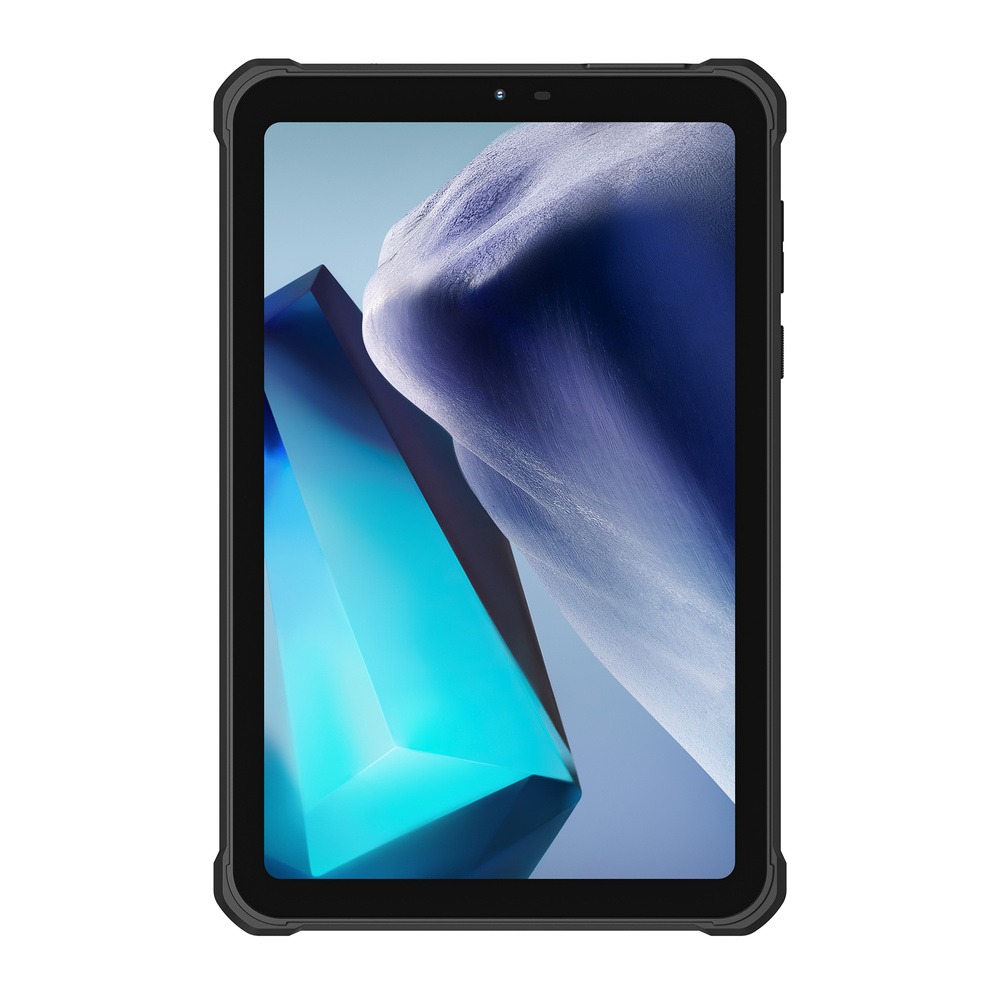 Un tablet robusto con custodia nera mostra un motivo astratto blu e bianco sullo schermo.