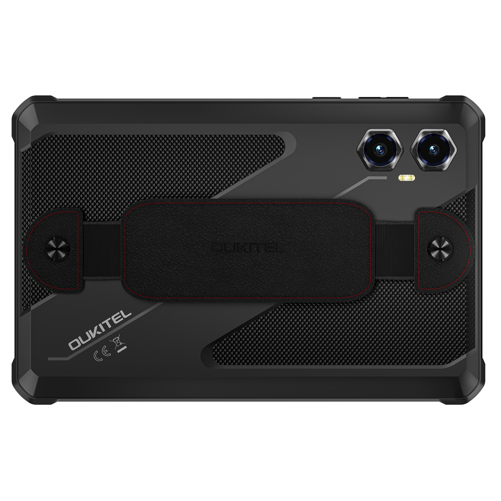Retro di un tablet Oukitel nero e robusto con motivo texturizzato, doppia fotocamera e cinghia.