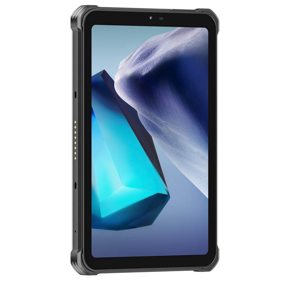 Un tablet robusto con cornice nera mostra uno sfondo blu con forme geometriche.
