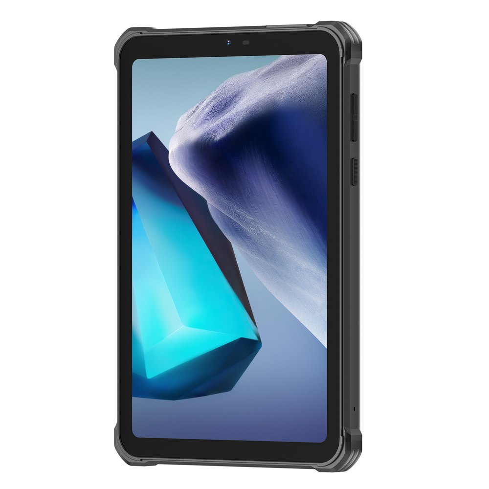 Un tablet nero robusto mostra uno sfondo blu con una forma simile a un cristallo.