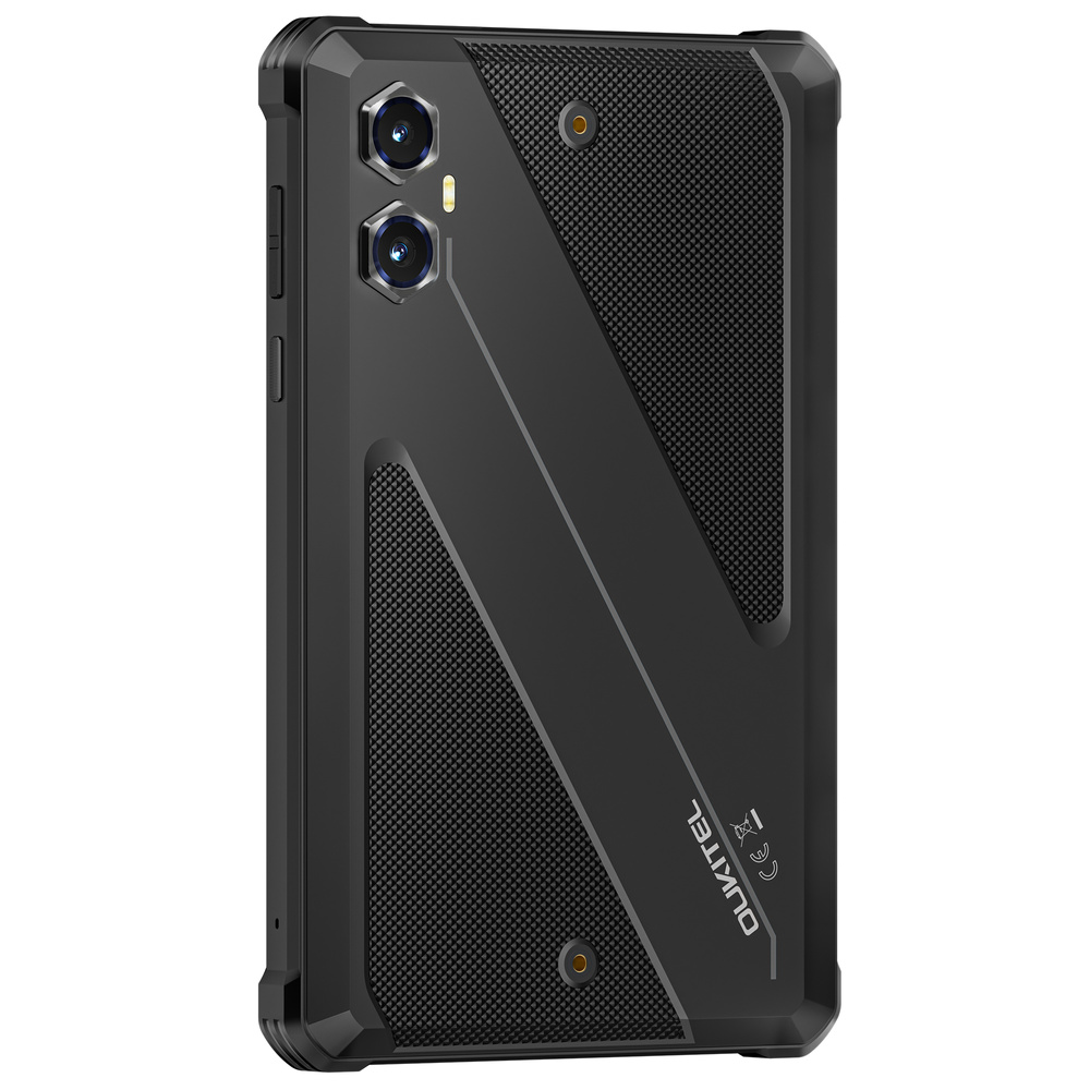 Uno smartphone nero e robusto con pannello posteriore testurizzato, doppia fotocamera e logo Oukitel.