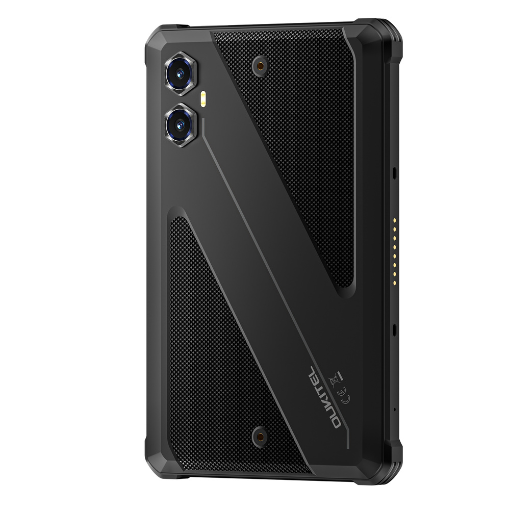 Retro di uno smartphone nero Oukitel con doppia fotocamera, motivo a Z strutturato e angoli rinforzati.