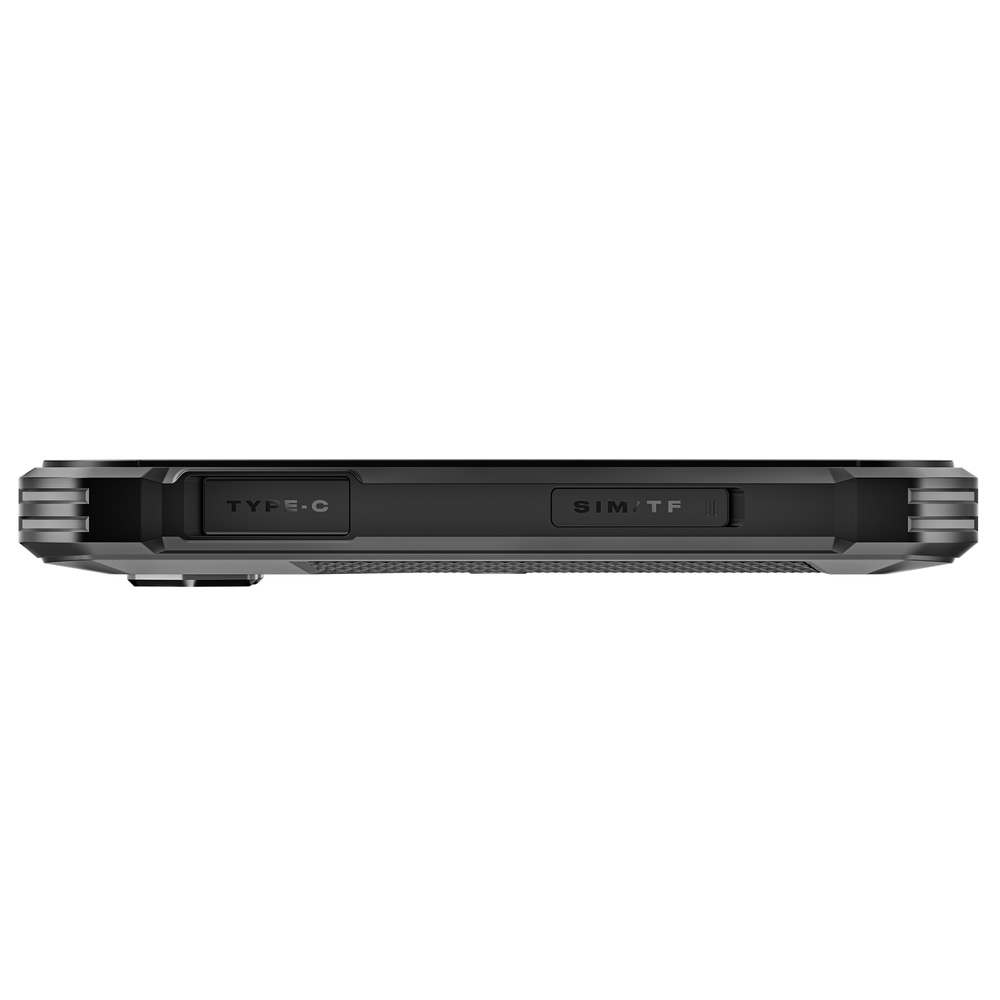 Vista laterale di uno smartphone nero robusto con coperture per Type-C e slot SIM/TF.