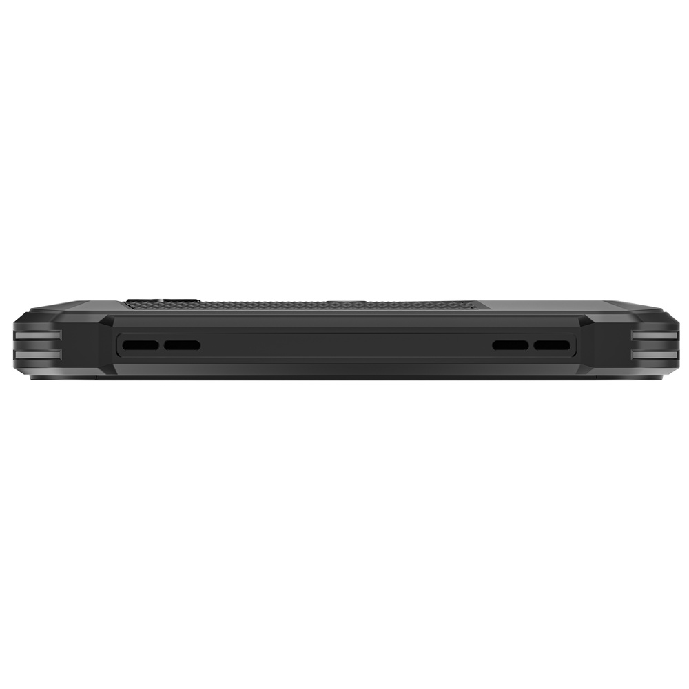 Vista laterale di uno smartphone rugged nero con altoparlanti e angoli rinforzati su sfondo bianco.