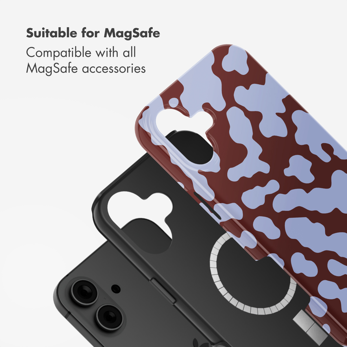 Custodia per telefono compatibile MagSafe con stampa mucca blu e marrone.