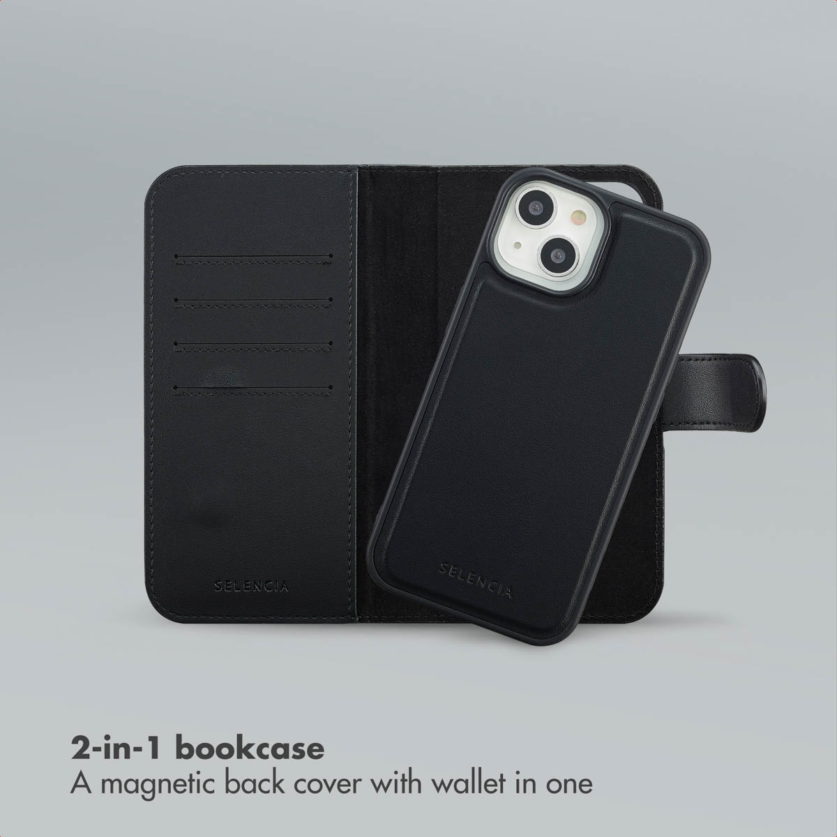 Custodia a libro in pelle nera con cover magnetica rimovibile e tasche per carte.