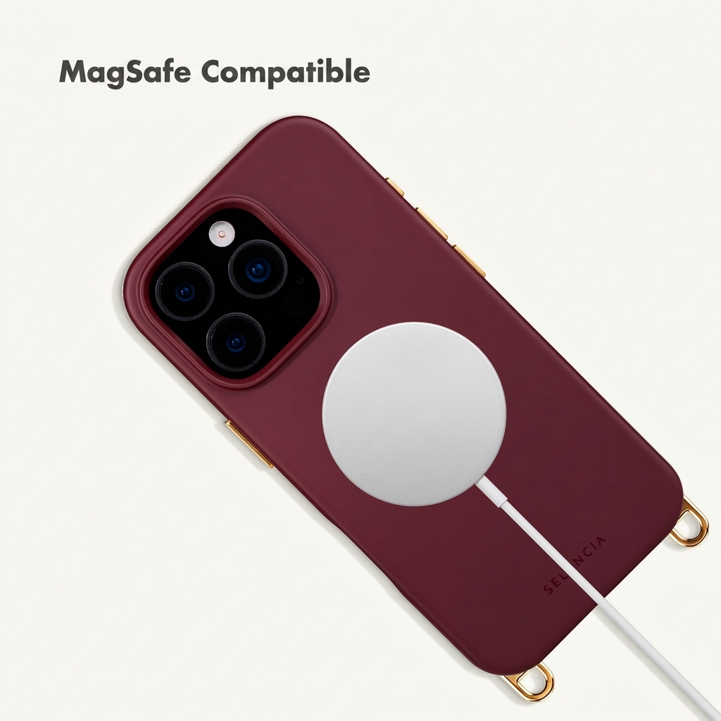 Coque de téléphone rouge foncé compatible MagSafe avec chargeur sans fil sur fond blanc.