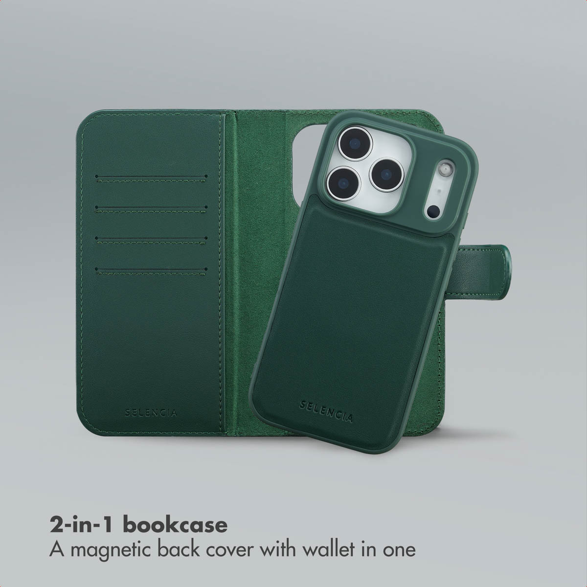 Funda de cuero verde para teléfono tipo libro con parte trasera magnética.
