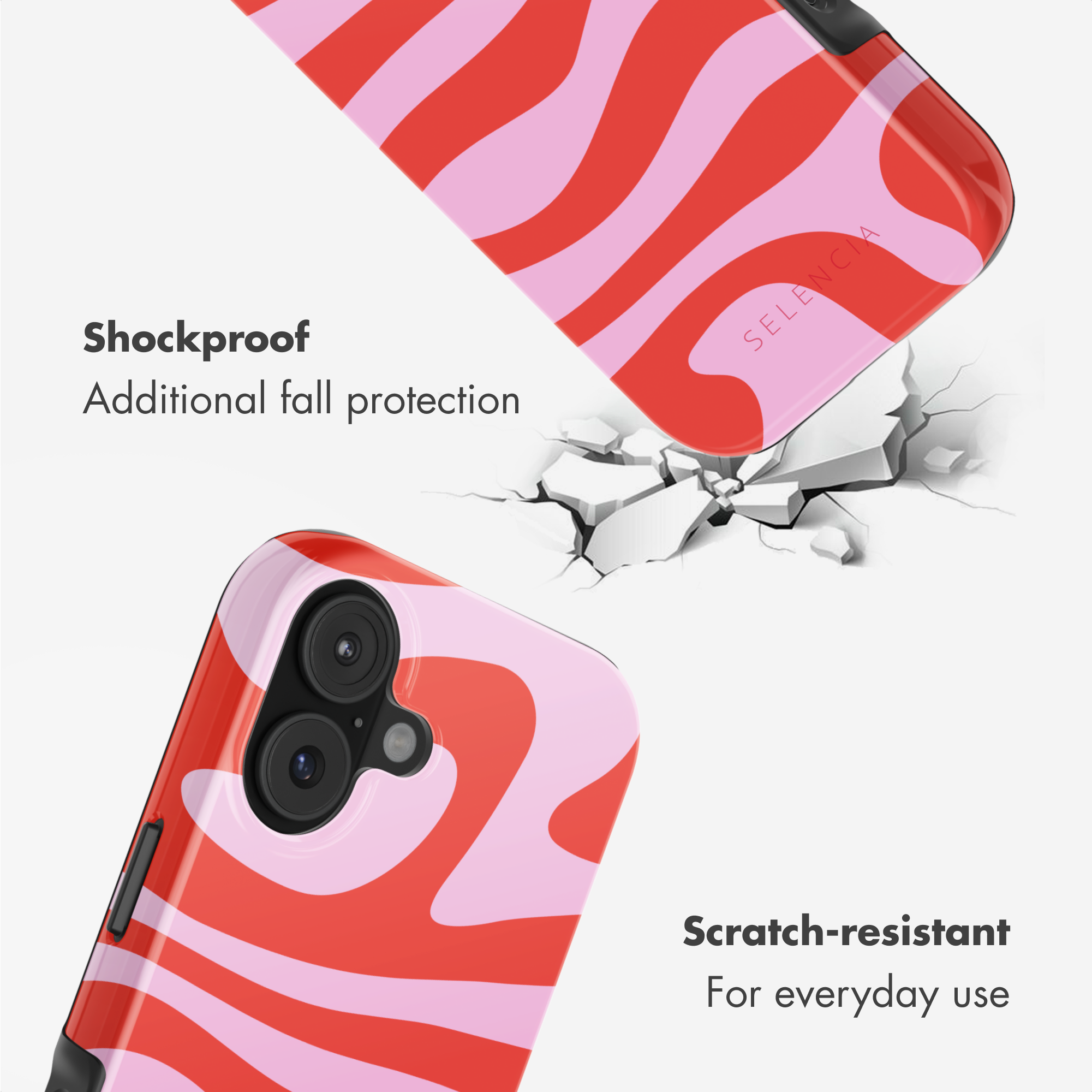 Cover per telefono rosa e rossa con onde su superficie crepata, con testo protettivo.