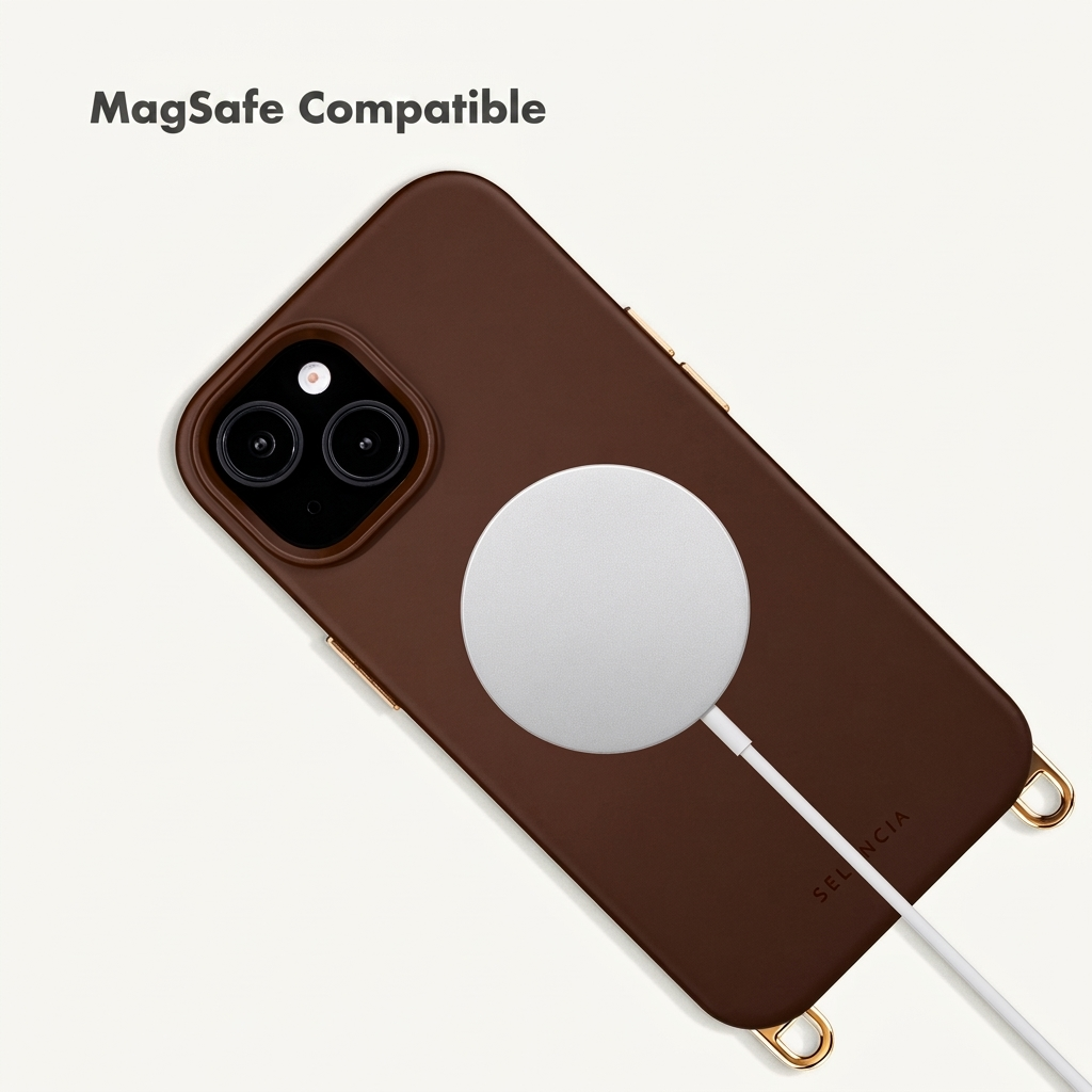 Een bruine telefoon in hoesje op witte achtergrond, met MagSafe oplader.