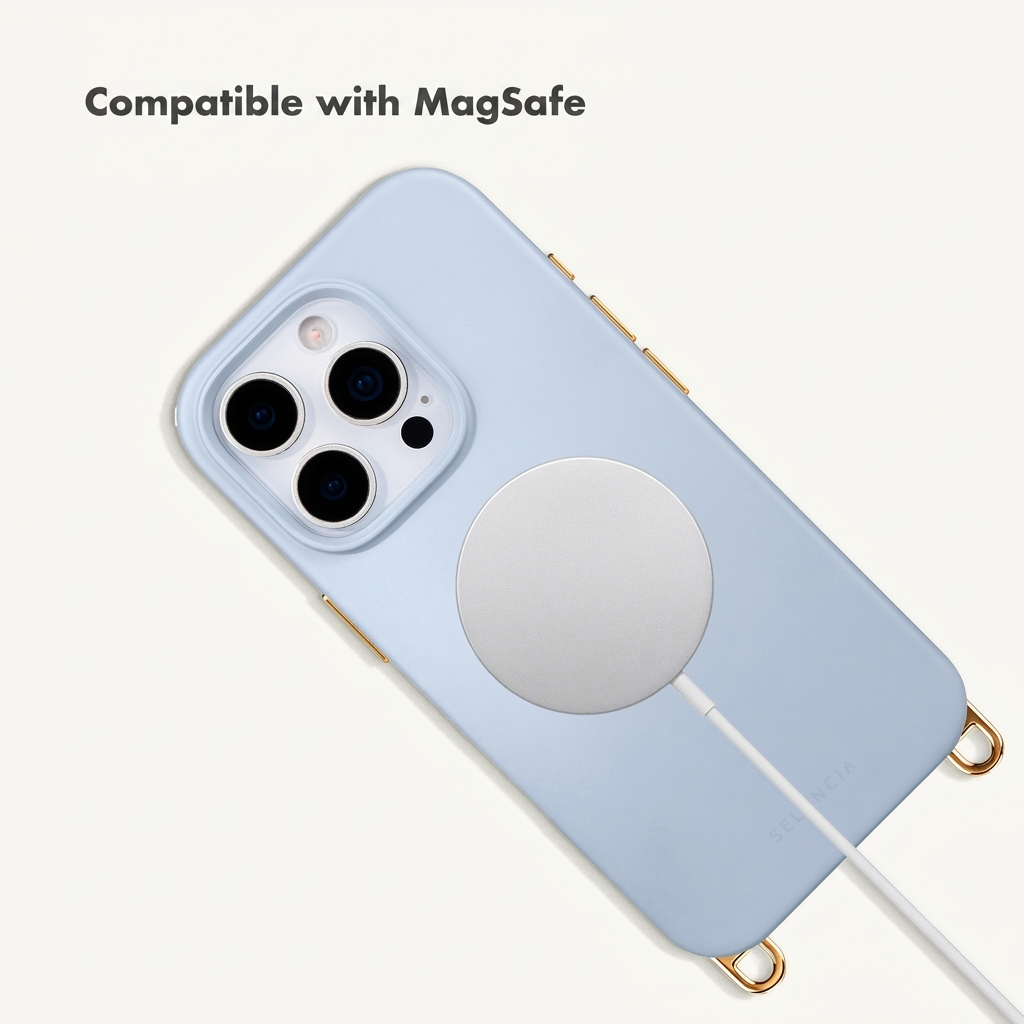 Funda de teléfono azul claro con cargador MagSafe y detalles dorados sobre fondo blanco.
