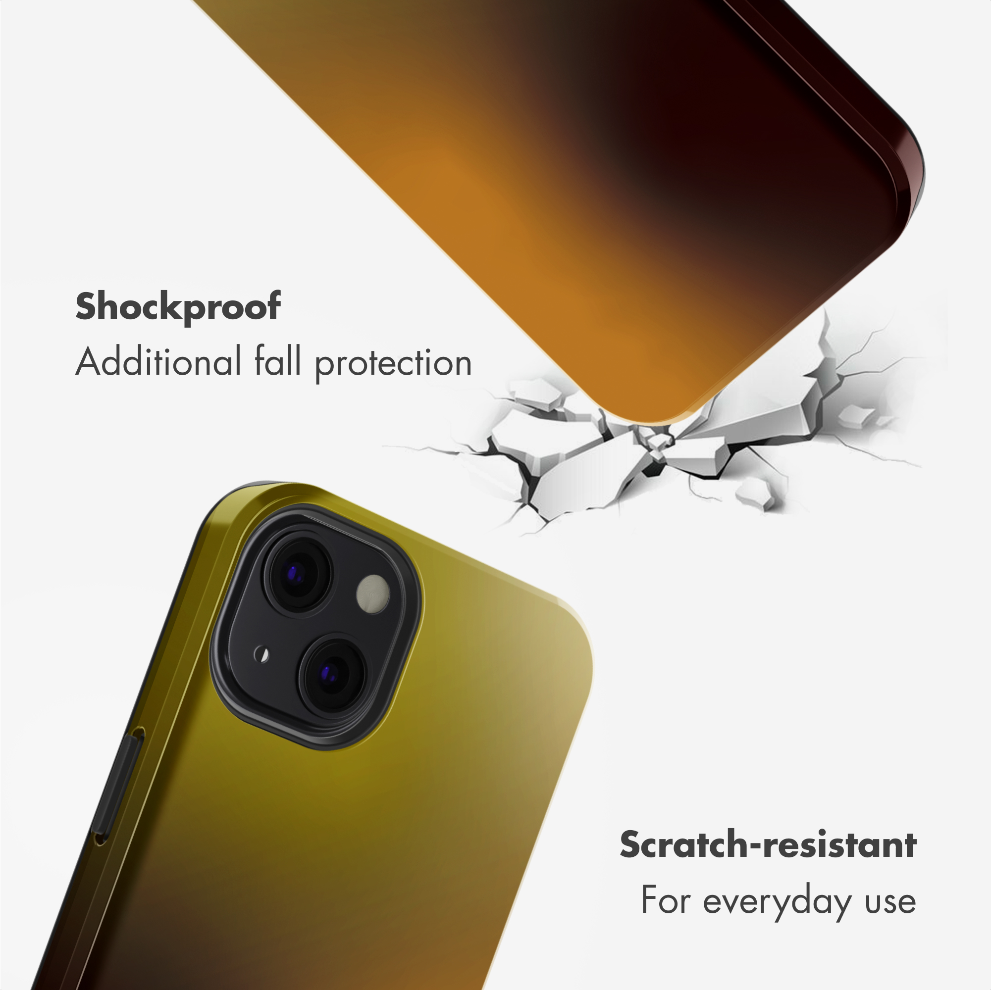 Smartphone dorado con funda protectora y texto de resistencia a golpes y arañazos.