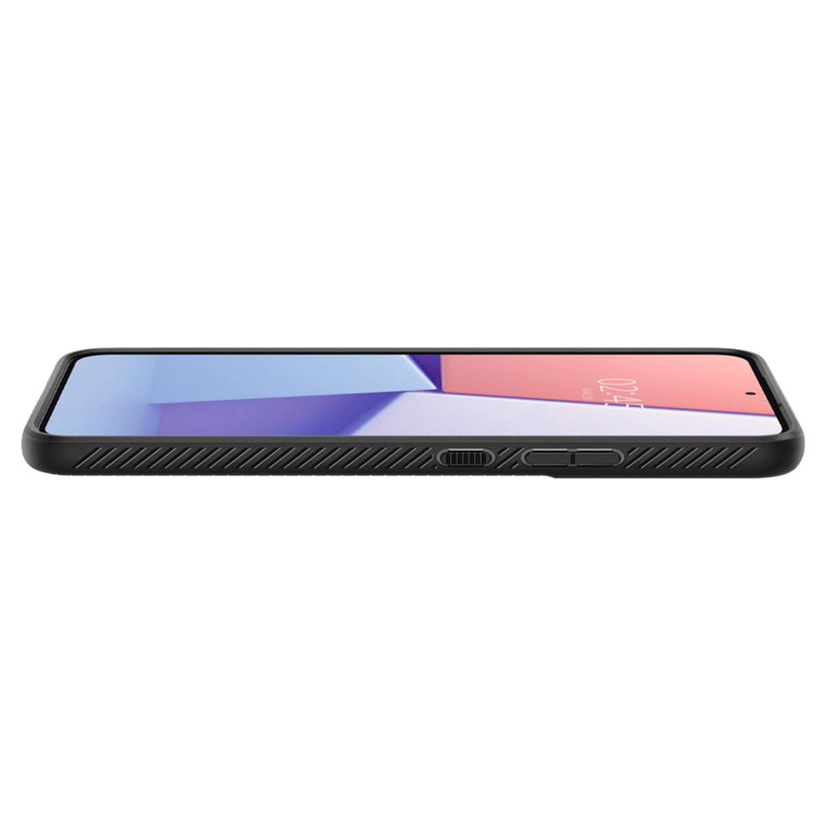 Smartfon w czarnym etui ochronnym z bocznymi przyciskami, na białym tle.