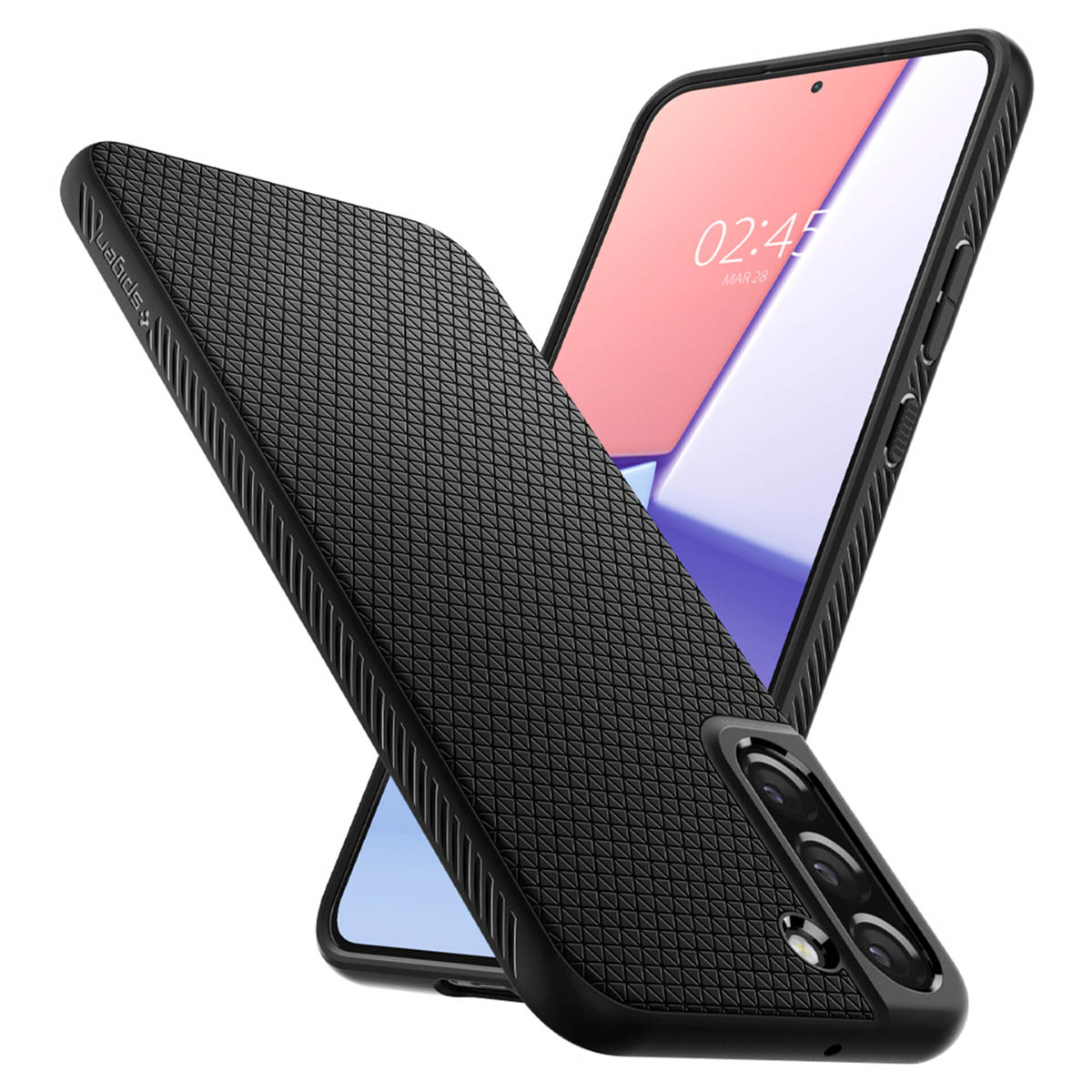 Czarny smartfon w teksturowanym etui ochronnym pokazuje ekran.