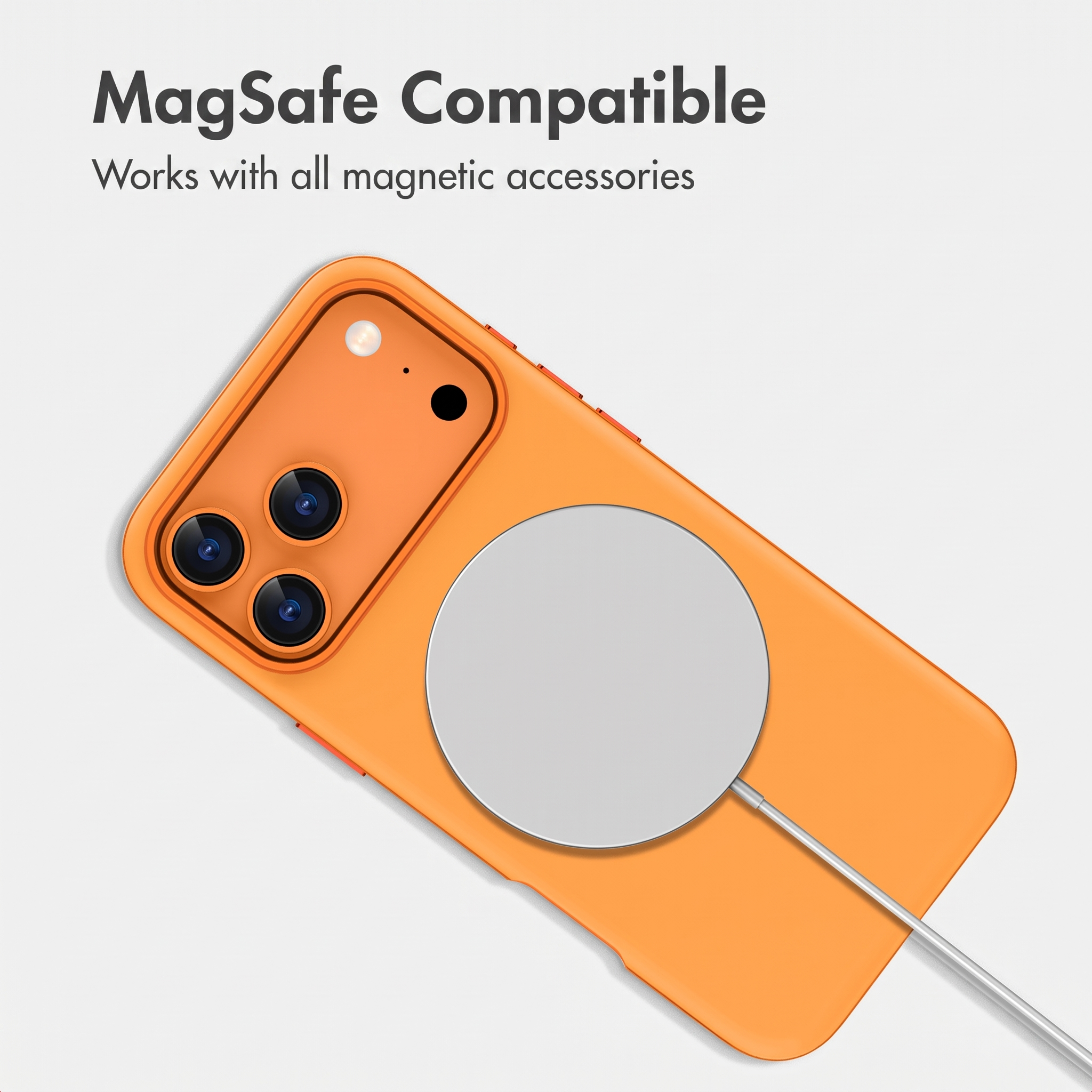 Uno smartphone arancione con caricabatterie MagSafe sul retro e testo in alto.