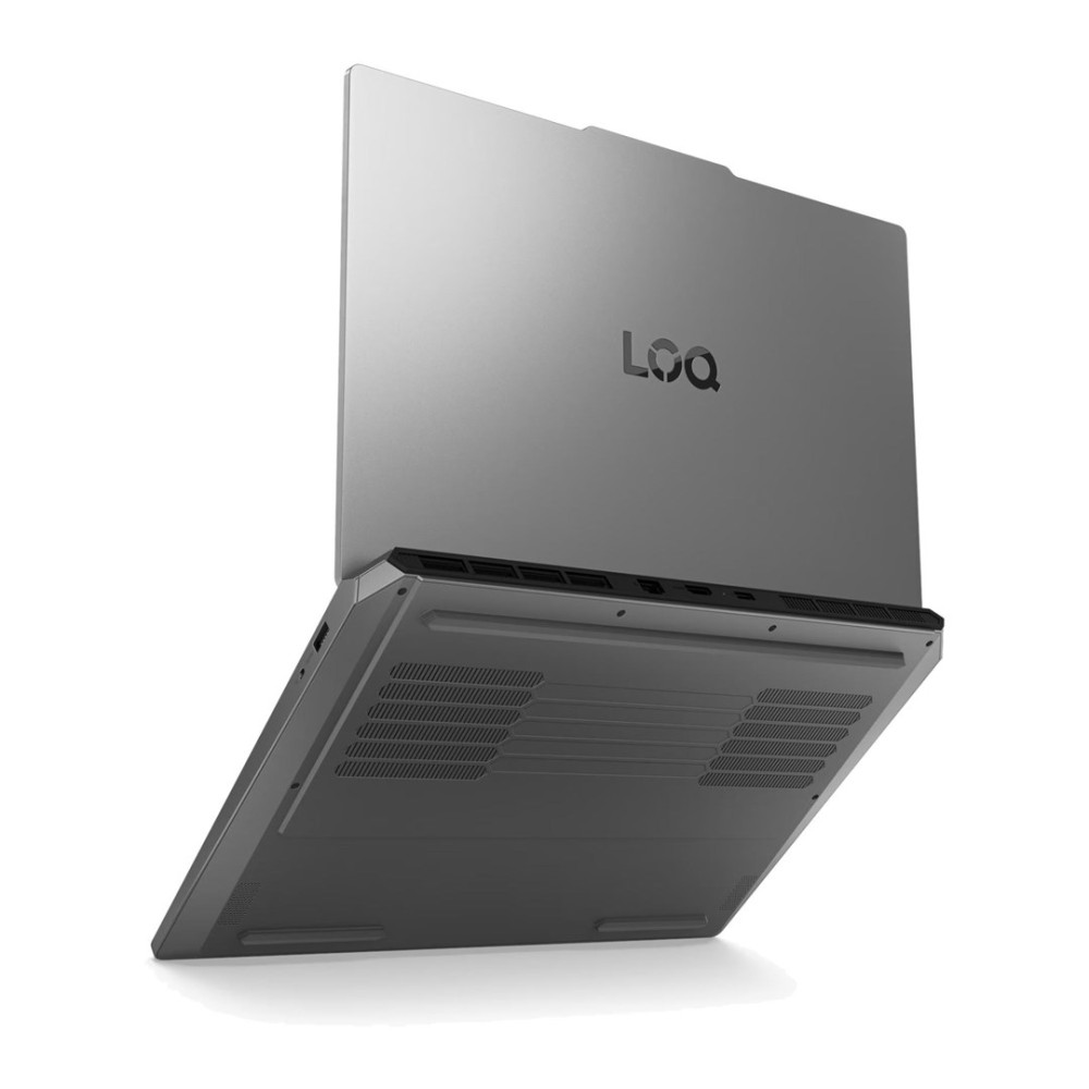 Szary laptop z logo LOQ na klapie, nachylony na białym tle.